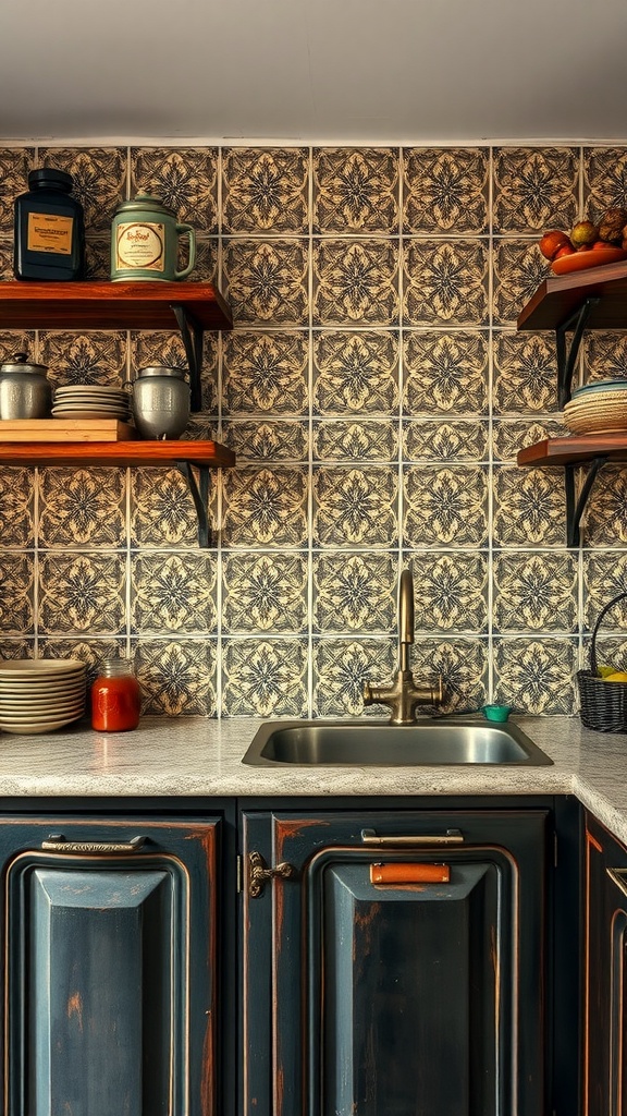A vintage tin tile backsplash in a kitchen with dark cabinets and wooden shelves.