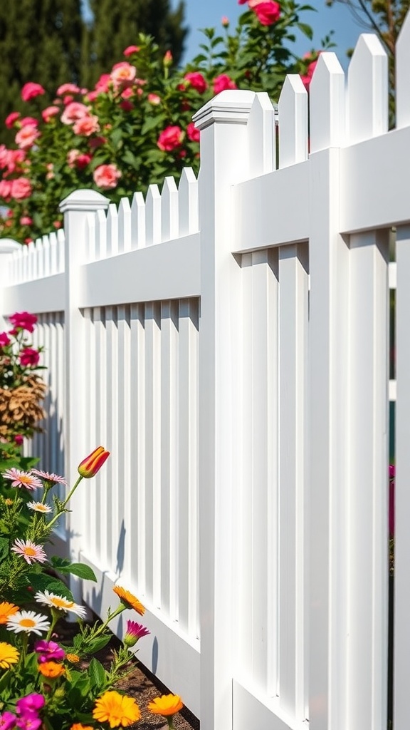 White vinyl fence with decorative pickets next to colorful flowers