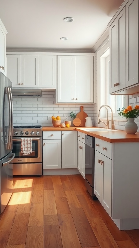 Cozy kitchen with warm wooden flooring and white cabinets.