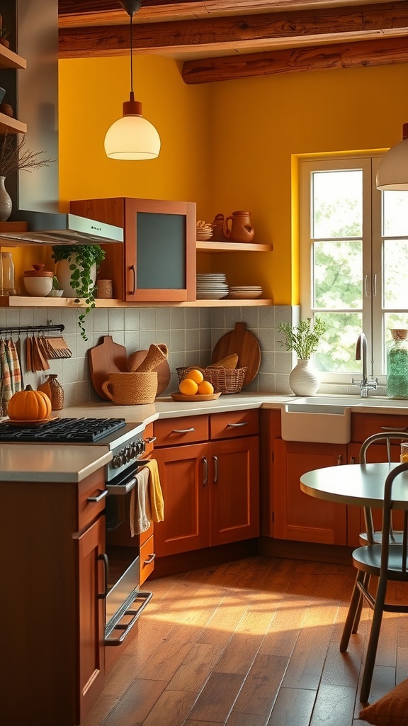 Cozy kitchen with warm color palette, featuring yellow walls, wooden cabinets, and bright fruits.