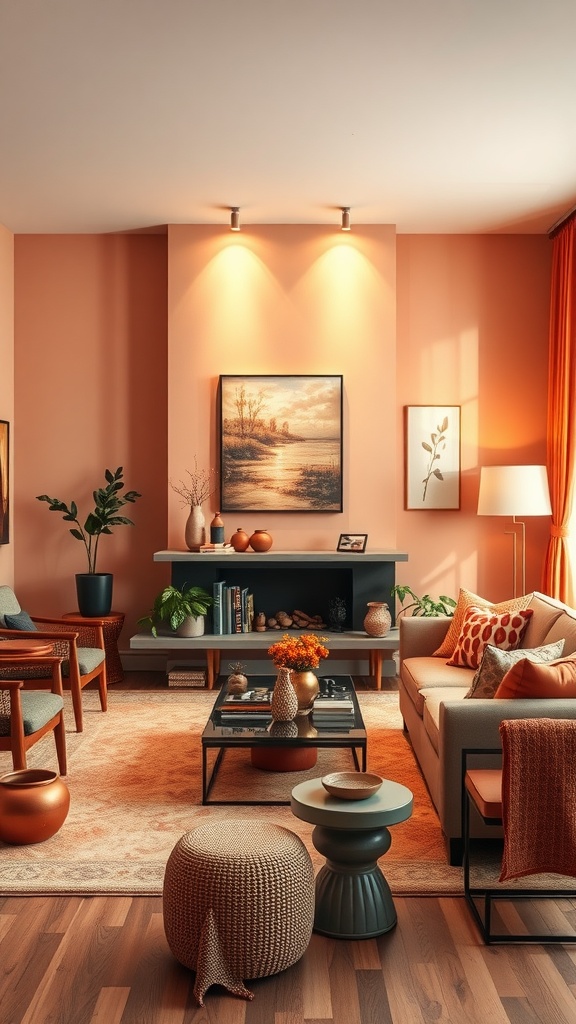 A warm and inviting living room with peach walls, comfortable seating, and cozy decor.