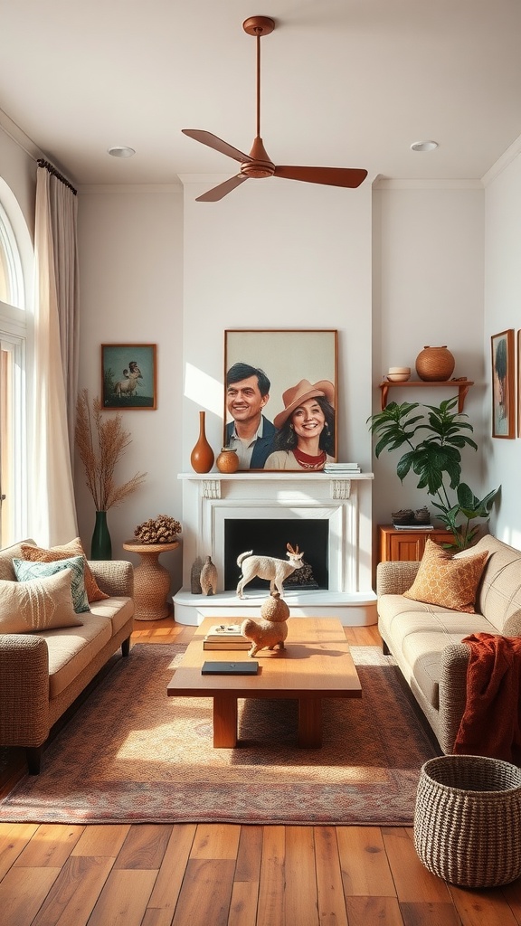A warm and inviting Spanish-style living room with earthy tones, featuring beige sofas, wooden flooring, and decorative elements.