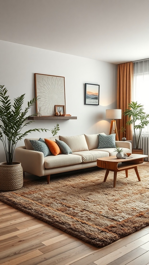 A warm and inviting living room with a cozy rug, featuring a light sofa, wooden coffee table, and houseplants.