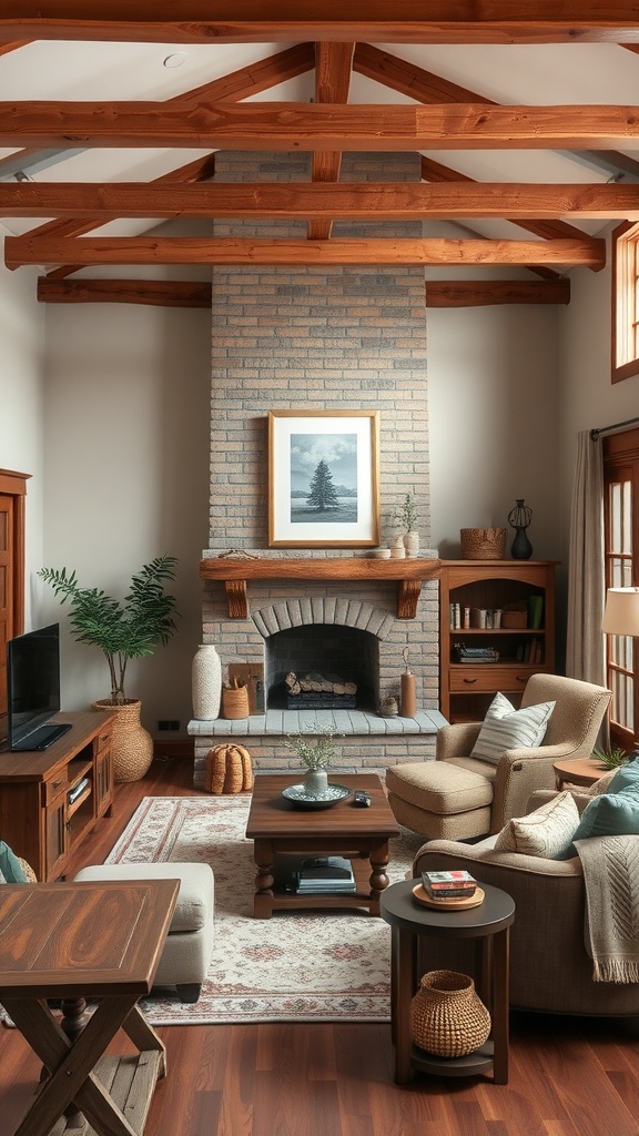Cozy living room with wooden beams, fireplace, and comfortable seating.