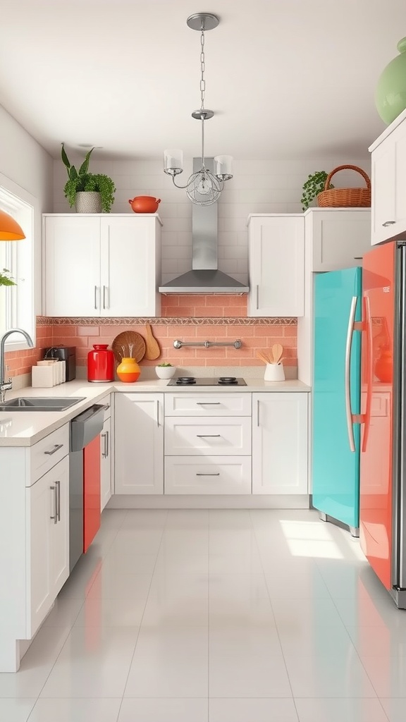 Bright warm white kitchen with turquoise refrigerator and coral accents
