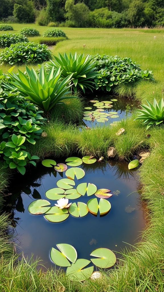 A serene small pond with lily pads and a flower, surrounded by lush green plants.