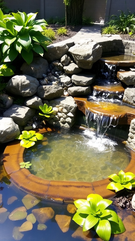 A tranquil garden water feature with a waterfall, rocks, and vibrant plants.
