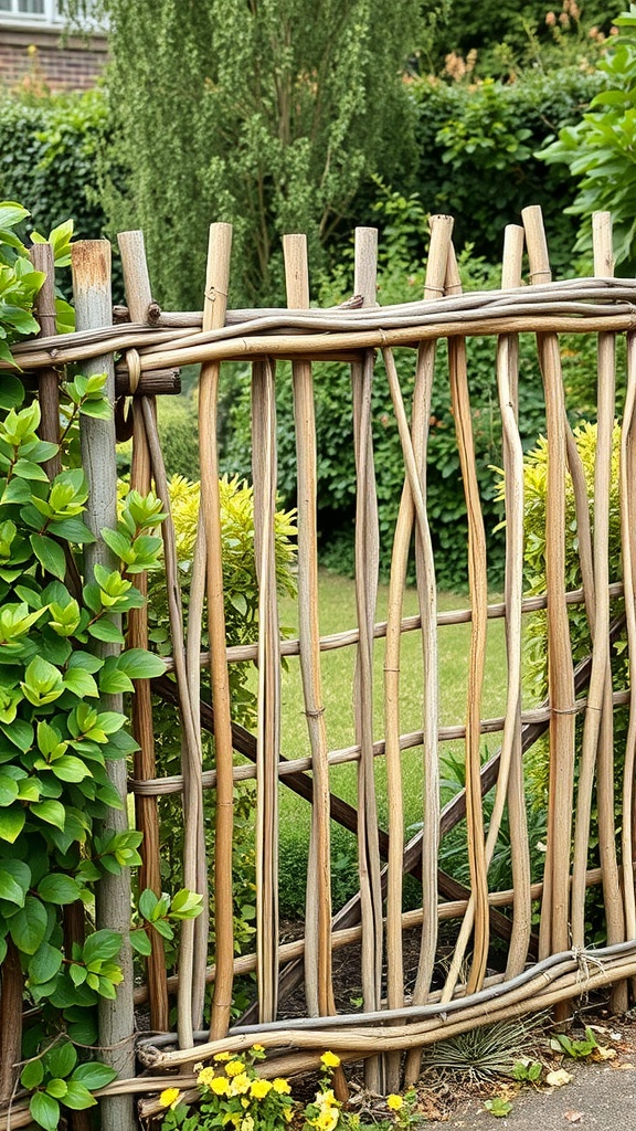 A rustic wattle fence made of woven branches, surrounded by green foliage and a garden setting.