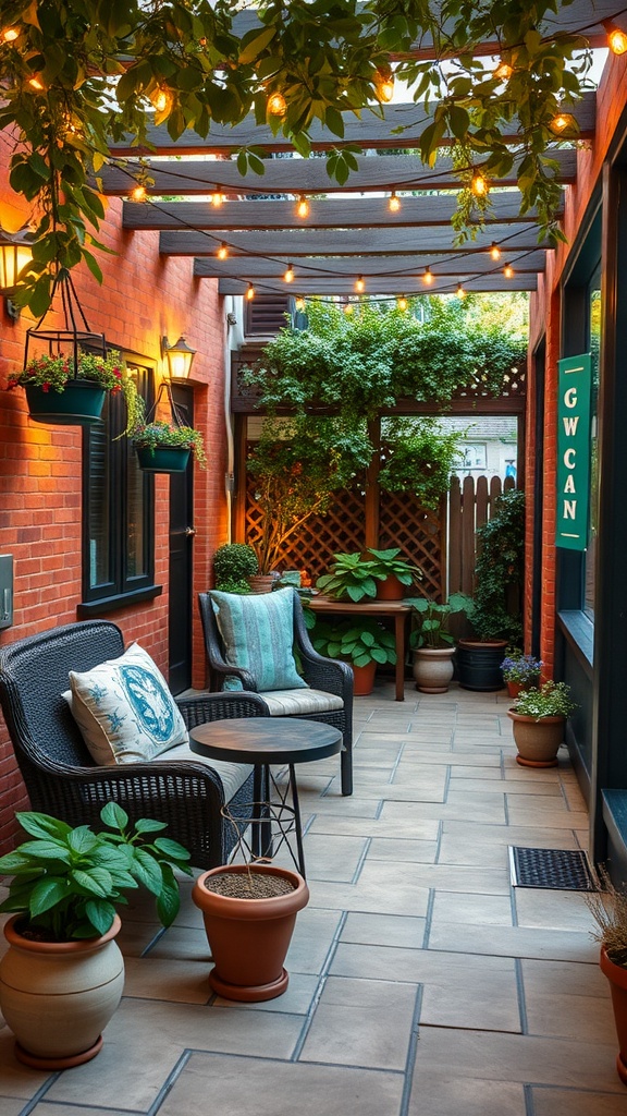 Cozy patio area with string lights, plants, and seating.