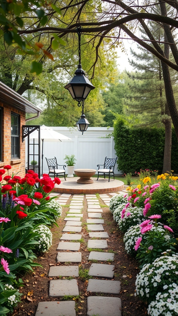 A garden pathway made of stone, bordered by colorful flowers and illuminated by hanging lanterns.