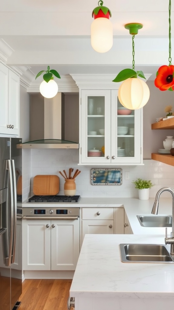A kitchen featuring three whimsical fruit-shaped light fixtures hanging from the ceiling.