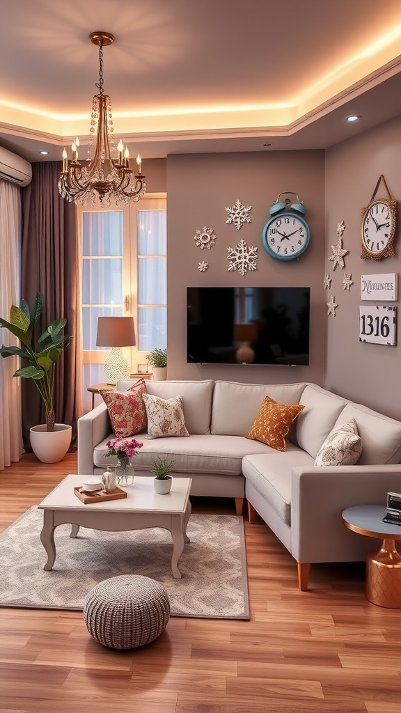 Cozy living room with whimsical accessories including colorful cushions, quirky clocks, and playful wall art.