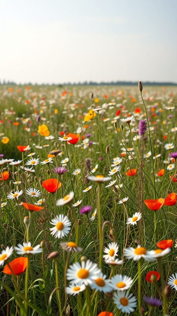 A vibrant wildflower meadow with daisies, poppies, and various other flowers in bloom.