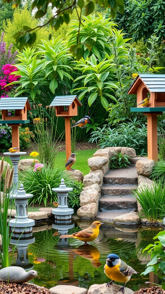 A wildlife-friendly garden featuring birdhouses, a pond, and lush greenery.