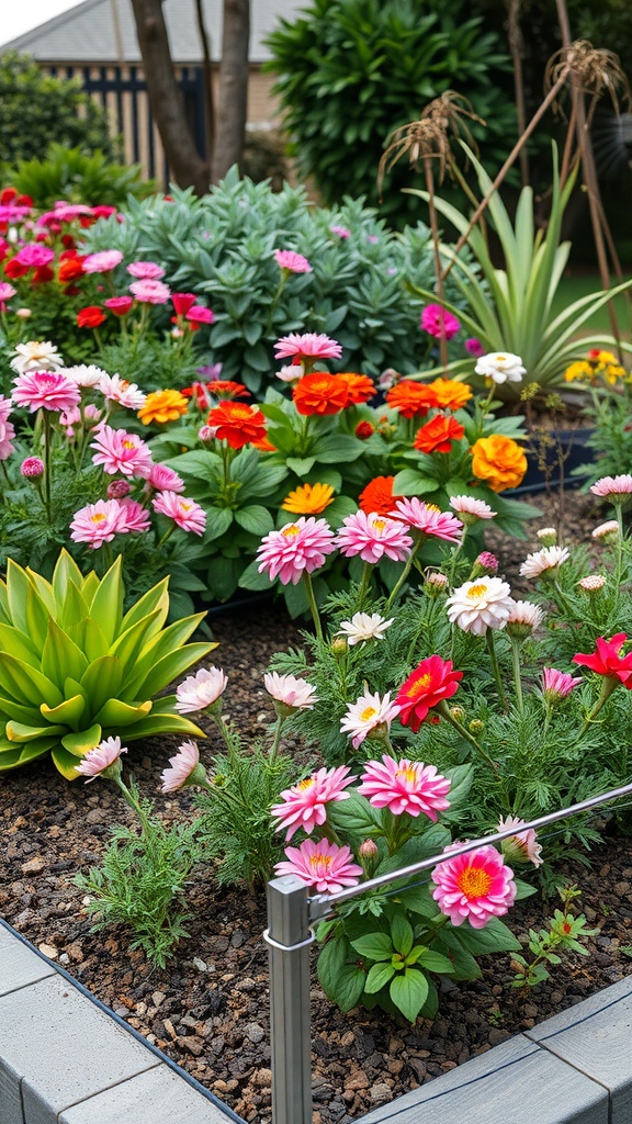 Colorful flower bed with wire frame edging, showcasing vibrant blooms and greenery.