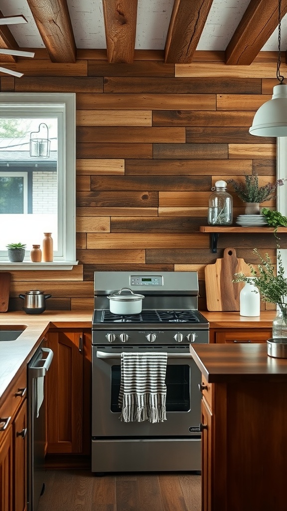 A kitchen featuring wood plank accents on the walls, with a modern stove and wooden cabinets.