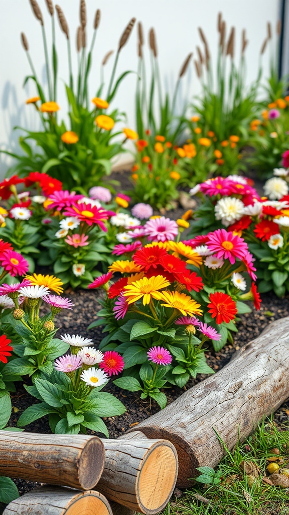 A vibrant flower bed with wooden log edging, featuring colorful flowers like gerbera daisies and daisies.