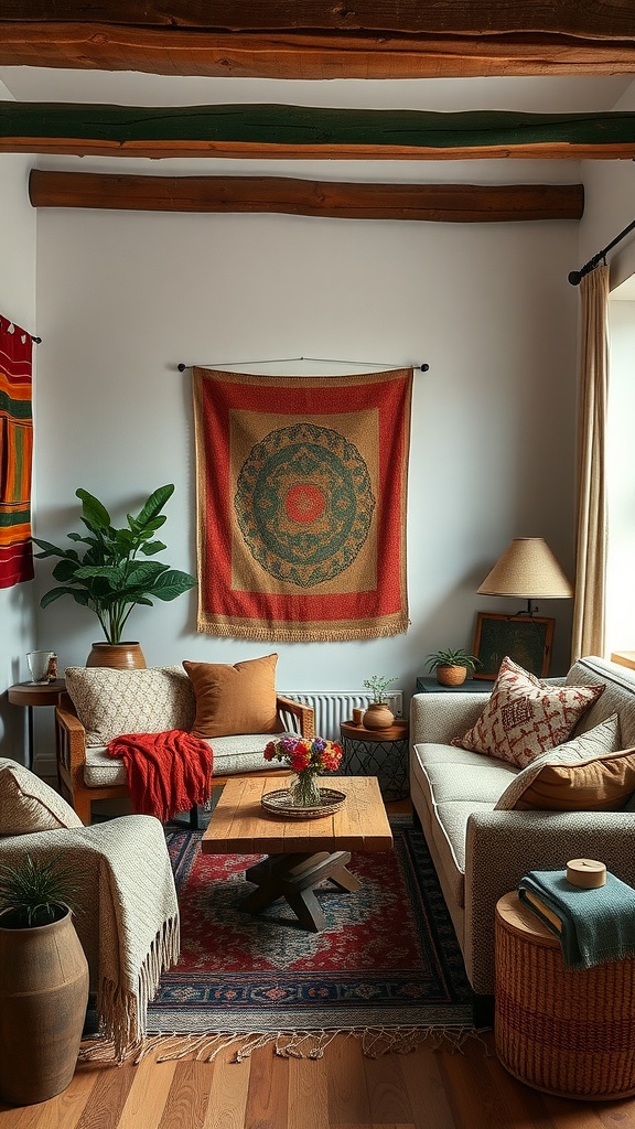 Cozy living room featuring woven textiles and a colorful tapestry on the wall