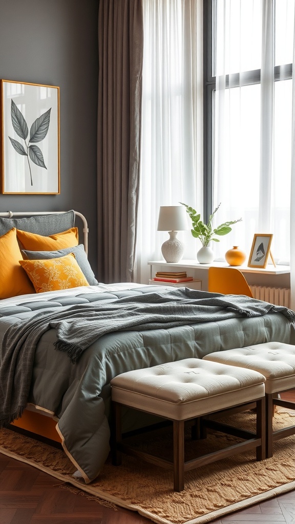 A cozy bedroom featuring a yellow and gray color scheme, with a gray bedspread and yellow accent pillows.
