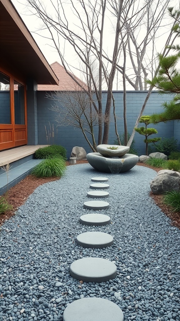 A serene zen garden with stepping stones on gravel, surrounded by greenery and a stone water feature.