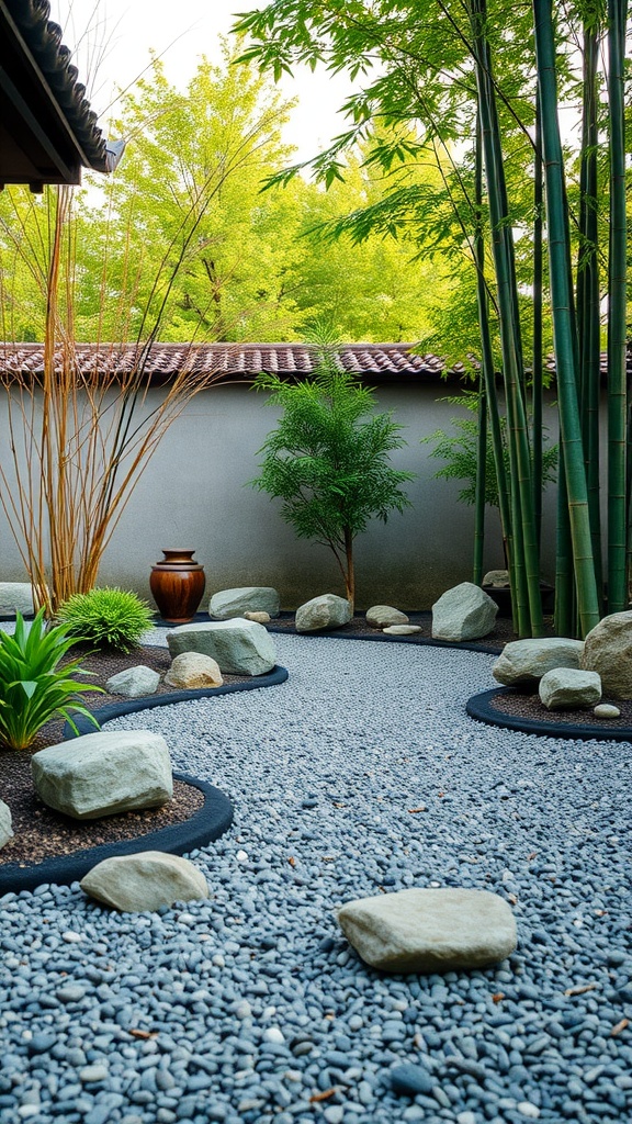 A serene Zen garden with smooth gravel pathways, carefully arranged stones, and lush green plants.