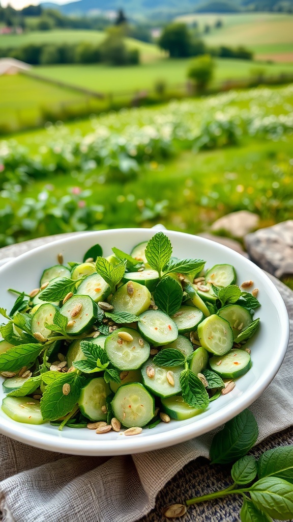 A bowl of Crisp Cucumber & Pea Shoot Salad featuring sliced cucumbers, pea shoots, mint leaves, and sunflower seeds, with a scenic green landscape in the background.