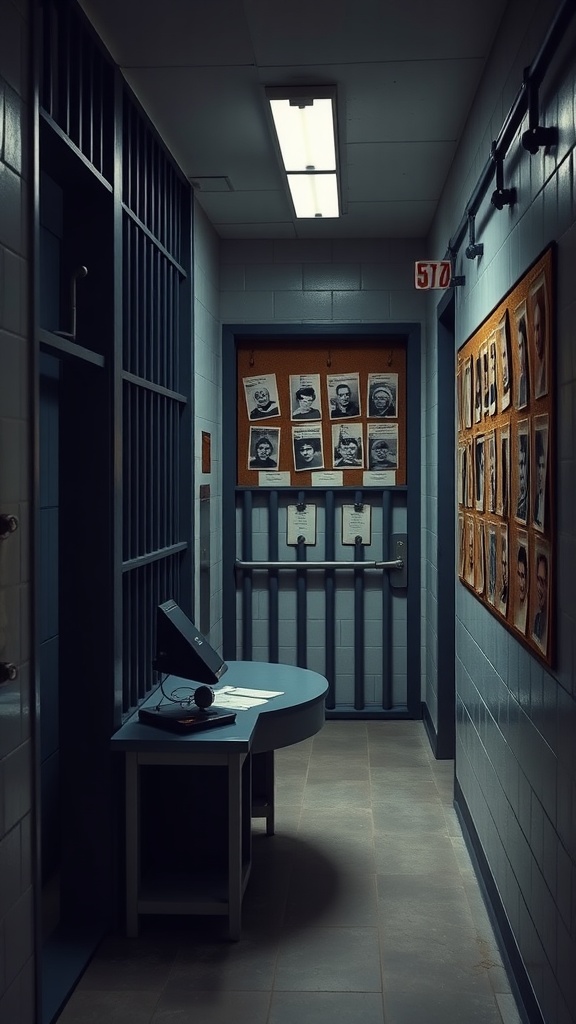 A dimly lit corridor resembling a prison cell block with a desk, a monitor, and a bulletin board featuring various mugshots.