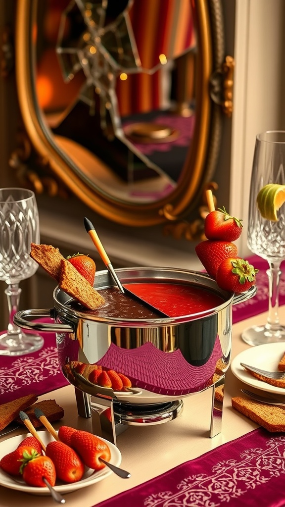 A rich dark chocolate fondue served with fresh strawberries and shortbread cookies, highlighting the flavors of blood orange.