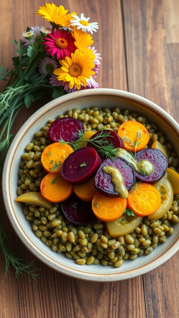 A bowl of colorful golden beet and lentil salad topped with fresh herbs and a drizzle of dressing.