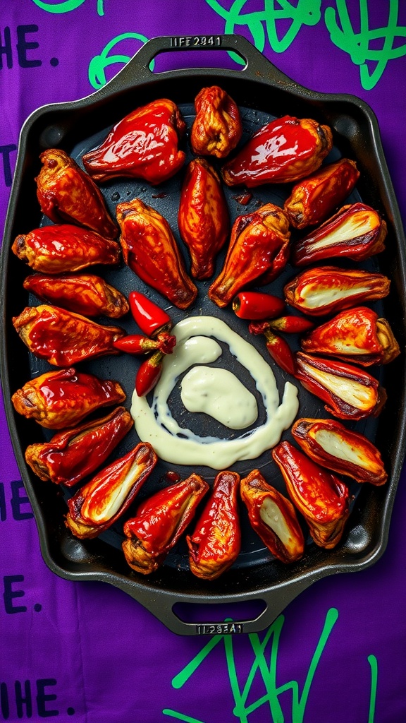 A platter of spicy chicken wings arranged in a circular pattern with a creamy dip in the center.