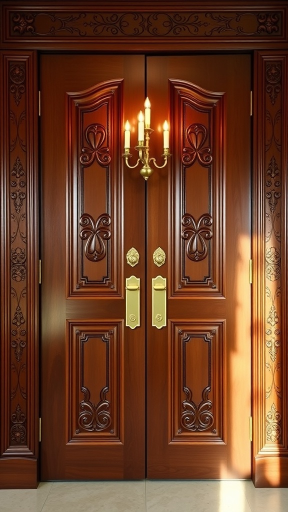 A heavy, hand-carved wooden door with ornate hardware and rich textures, reminiscent of castle-worthy designs.