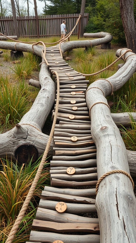 A balance beam track made of wooden logs and planks, surrounded by greenery, with a child walking on it.