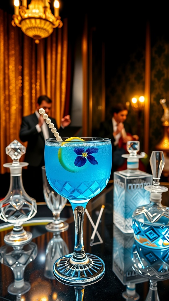 A blue cocktail in an elegant glass, garnished with an edible flower, representing the Sapphire Swing.