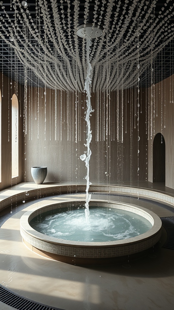 A serene swimming area featuring a central circular pool with a waterfall made of delicate strands, creating a tranquil atmosphere.
