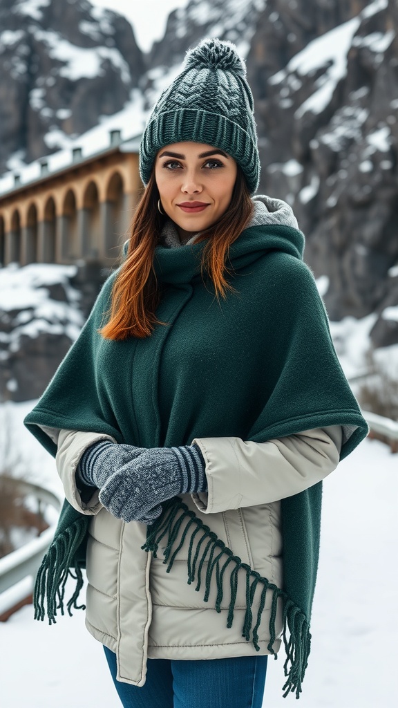 A woman wearing a green poncho, gloves, and a beanie, standing in a snowy mountain landscape.