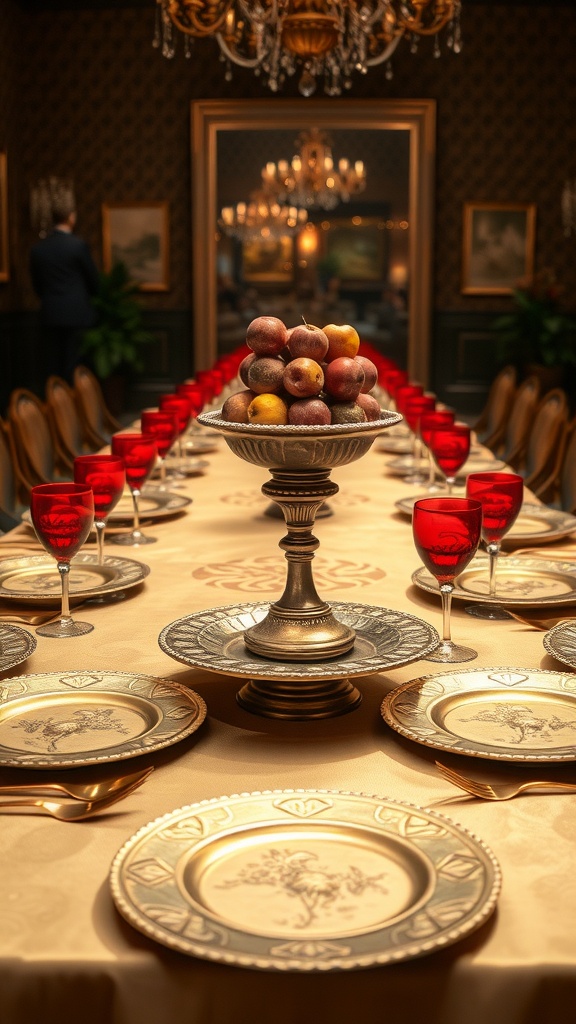 A long wooden table set for a meal, featuring candles, potted plants, and a basket of bread.