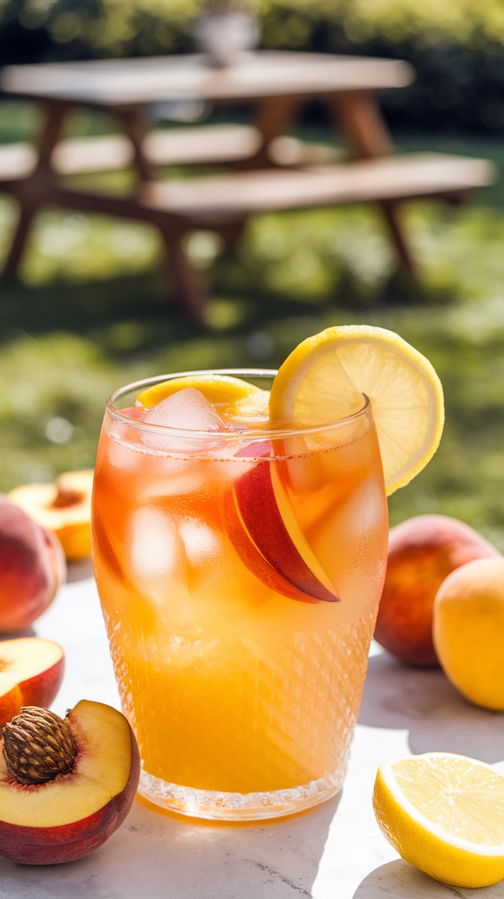Refreshing Fresh Peach Lemonade Recipe A glass of peach lemonade with ice and peach slice garnish, set in a sunny outdoor picnic setting.