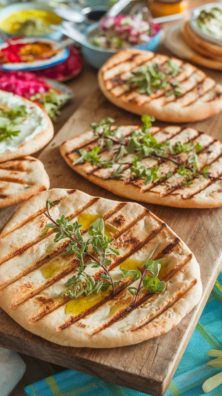 Quick and Delicious Grilled Flatbread Recipe Grilled flatbreads on a wooden table, garnished with herbs and olive oil, with dips in the background.