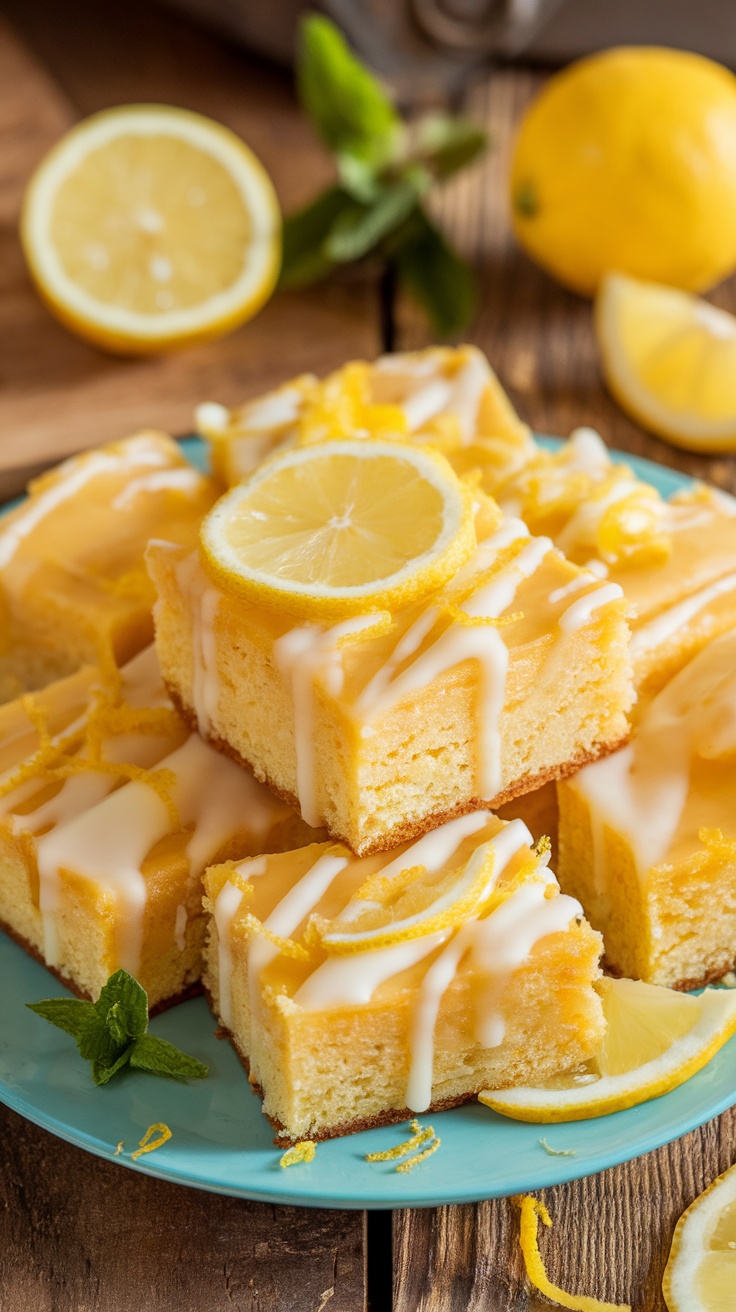 Zesty Lemon Blondies Recipe A plate of lemon blondies with glaze, garnished with lemon slices and zest.