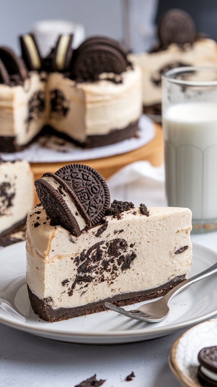 Decadent Oreo Cheesecake Recipe A slice of Oreo cheesecake topped with chocolate ganache and crumbled Oreos, served on a white plate.