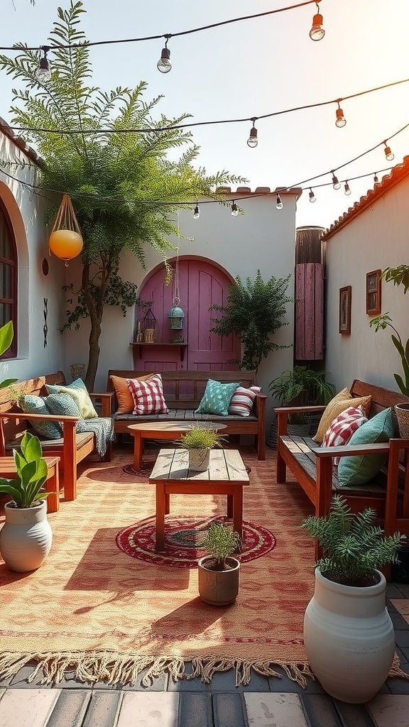 Un patio acogedor decorado con bancos de madera, cojines coloridos y plantas, iluminado con guirnaldas.