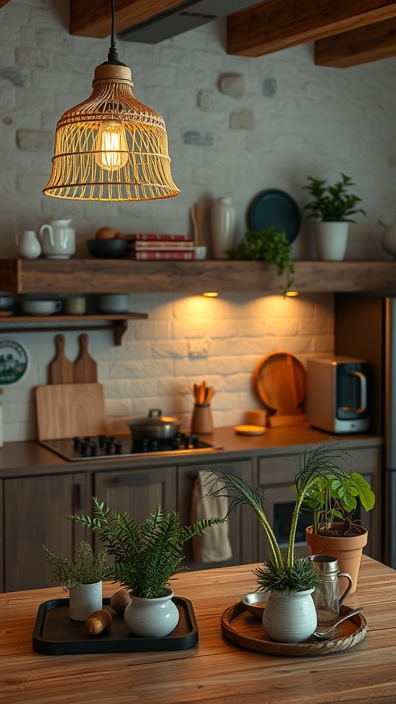Cocina rústica con lámpara de mimbre, plantas y decoración cálida