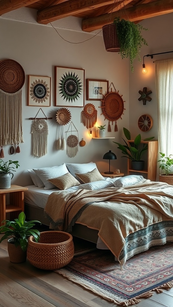 Dormitorio bohemio con arte étnico y decoraciones naturales en las paredes.