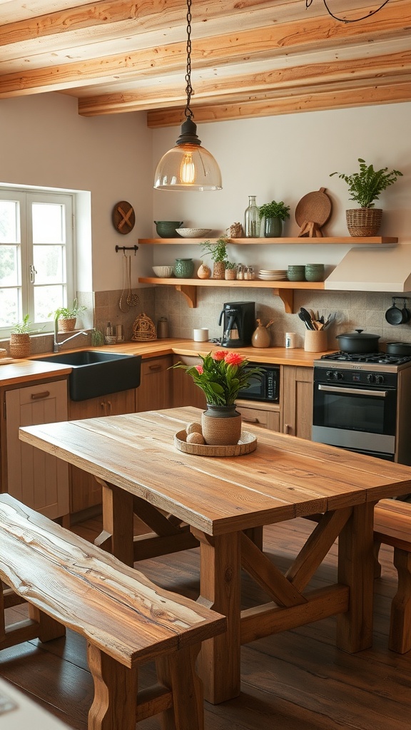 Cocina rústica con mesa y bancos de madera, decoración natural y luz cálida.