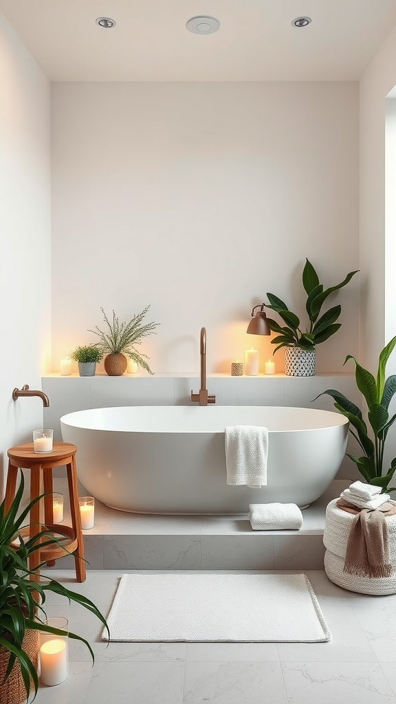 Baño de estilo spa con bañera moderna, plantas y velas, creando un ambiente relajante y minimalista.