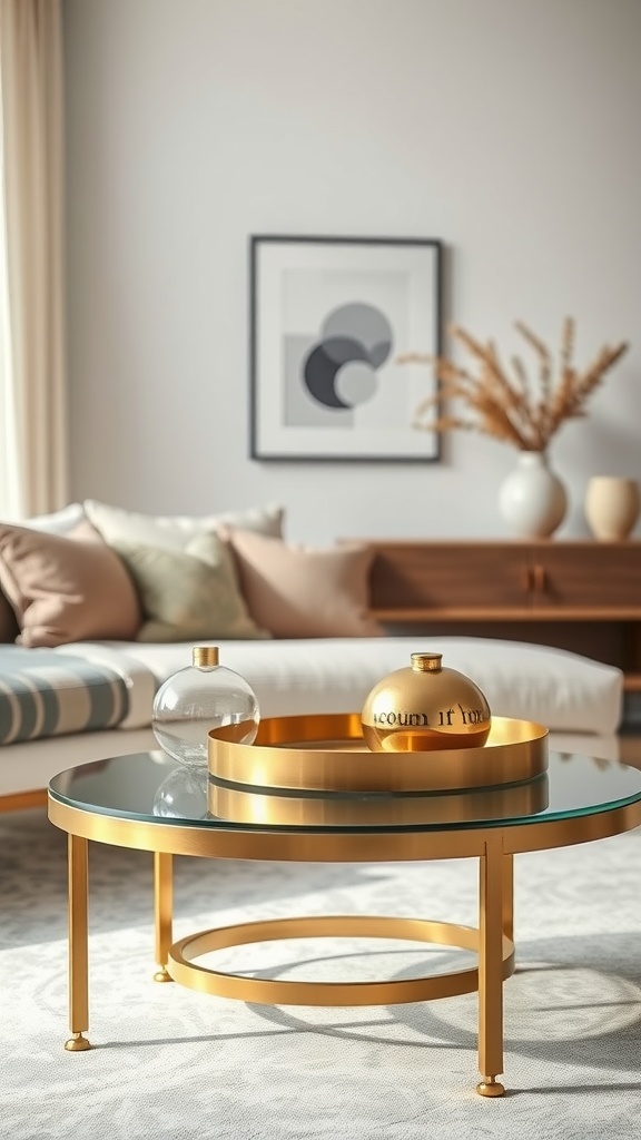 Mesa de café con accesorios de metal dorado en un ambiente moderno y elegante.
