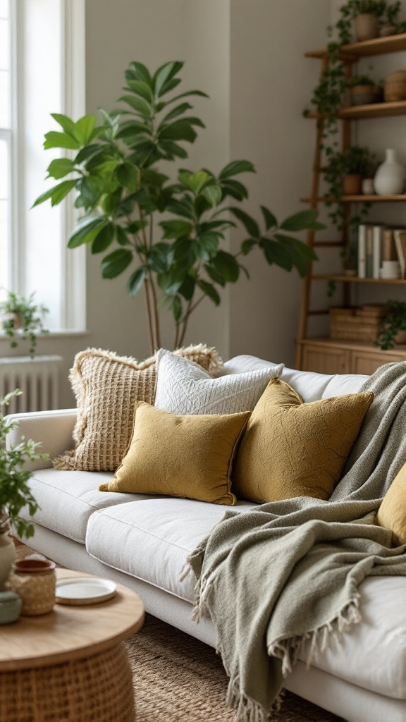 Salón decorado en verde oliva con plantas y muebles modernos.