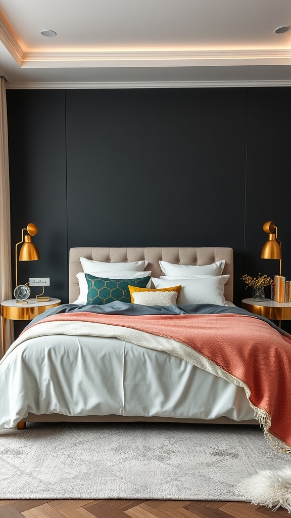 Un dormitorio moderno con una cama beige, mantas de colores y lámparas metálicas doradas.