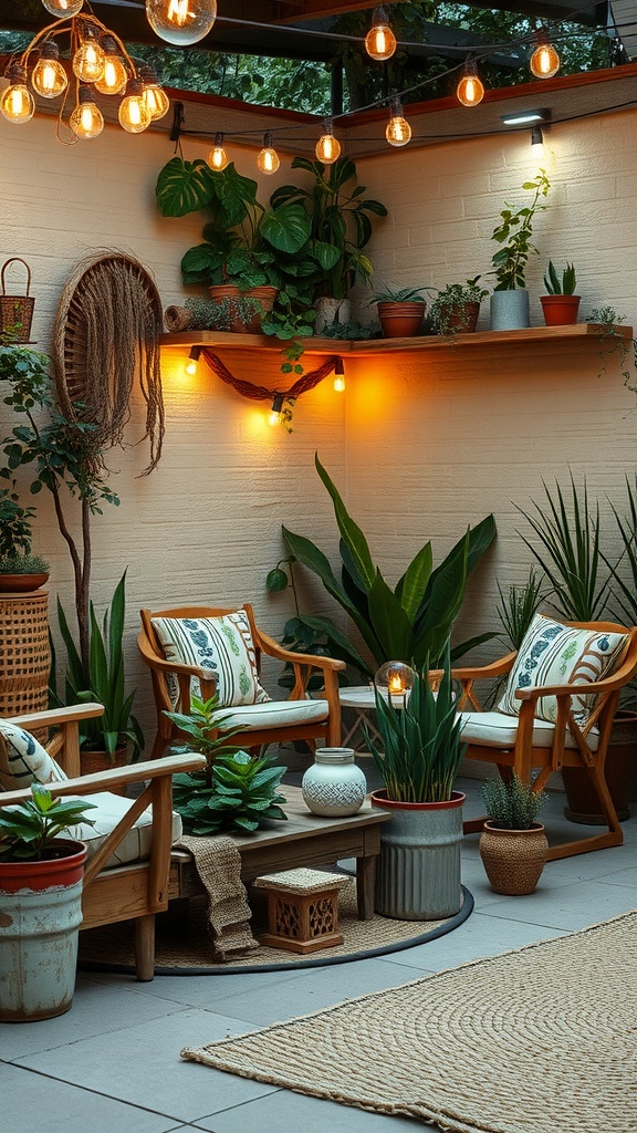 Espacio de patio decorado con plantas en macetas simples y reutilizadas, sillas de madera, y luces colgantes que crean un ambiente acogedor.