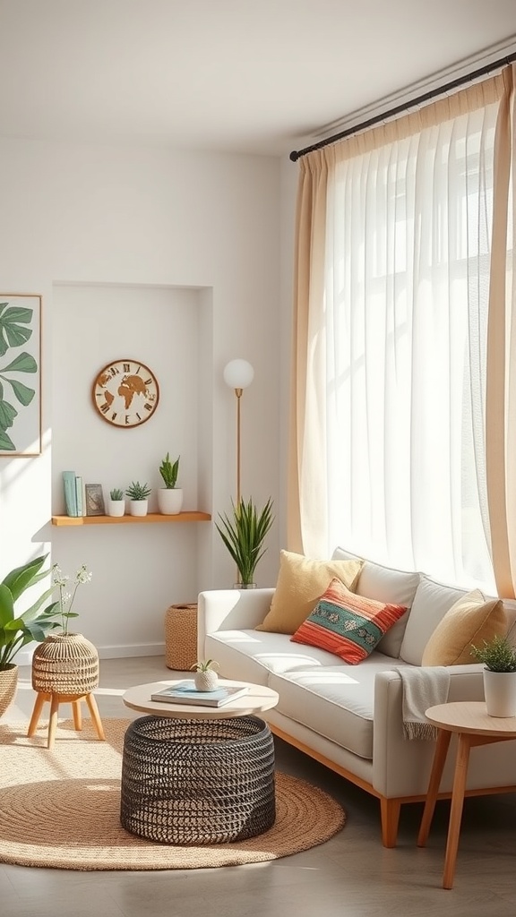 Un acogedor salón pequeño con paredes claras, cortinas ligeras y un sofá blanco, decorado con plantas y muebles de mimbre.